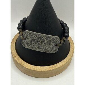 Vintage Etched Silver Tone Black Bead Bracelet Boho Goth Grunge Aesthetic